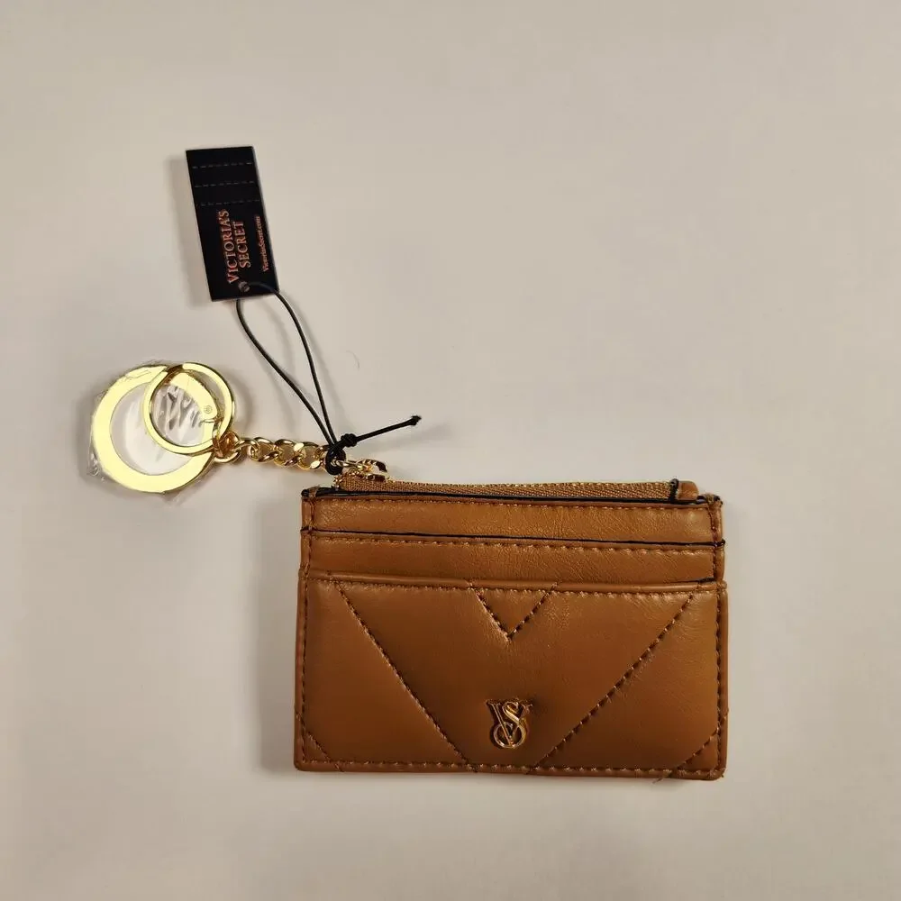 Victoria's Secret Brown Faux Leather Card Case Keychain Wallet VS Logo New - Picture 2 of 7